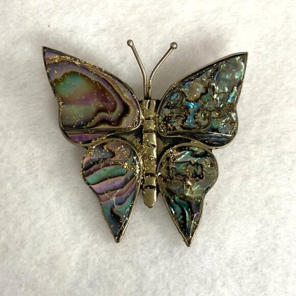 Alpaca Silver Mexico 1.5" Abalone Shell Glitter Butterfly Brooch - Picture 2 of 15